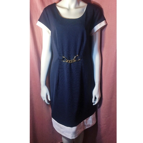 Mod Navy Blue Shift Work Dress 60s Belted - Picture 2 of 5